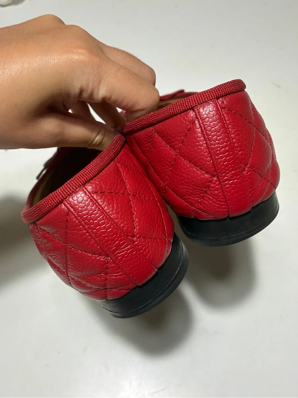 sold CHANEL Red Quilted Leather Ballet Flats with Bow and Embossed CC